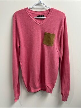 Simons Pink V-Neck Sweater with Brown Patch Pocket